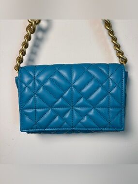 Zara Quilted Mini Flap Crossbody Bag Teal Blue Chunky Gold Chain Like New